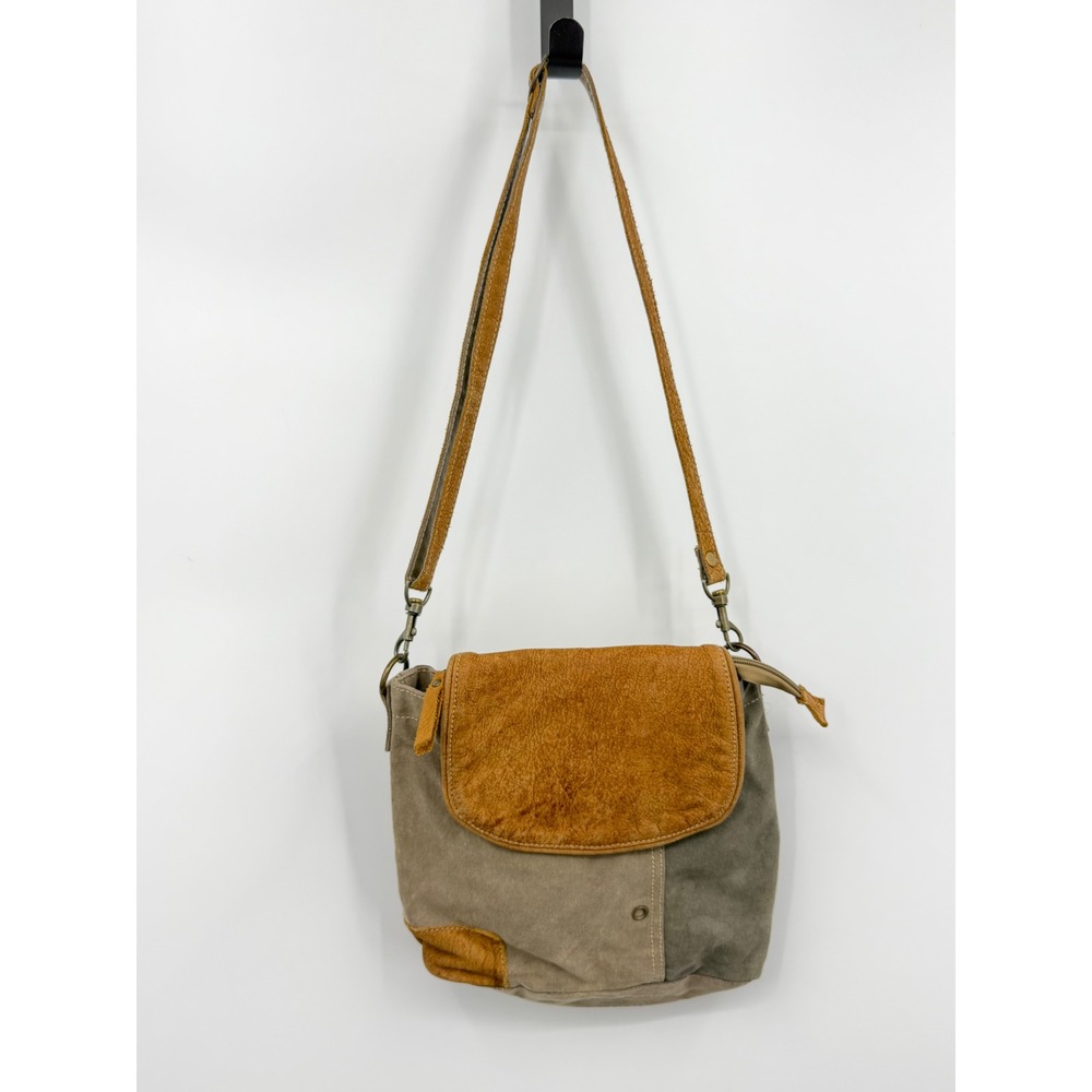 Myra Bag Canvas Leather Crossbody Bag Womens OS Brown Gray Patchwork Upcycled